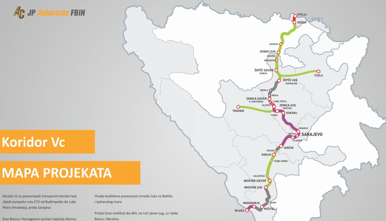 fialová - v provozu<br />červená - ve výstavbě<br />šedá - zajištěné financování: někde ve výstavbě (jih, Počitelj - Buna) a u Zenice v tendrování<br />želená - příprava a plány