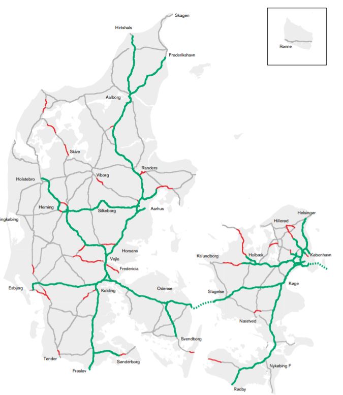 výše uvedený obrázek je legenda:<br /><br />zelená - dálnice<br />přerušovaná zelená - most Oresund (Kodaň - Malmö)<br />červená - rychlostní silnice<br />šedá - hlavní státní silnice