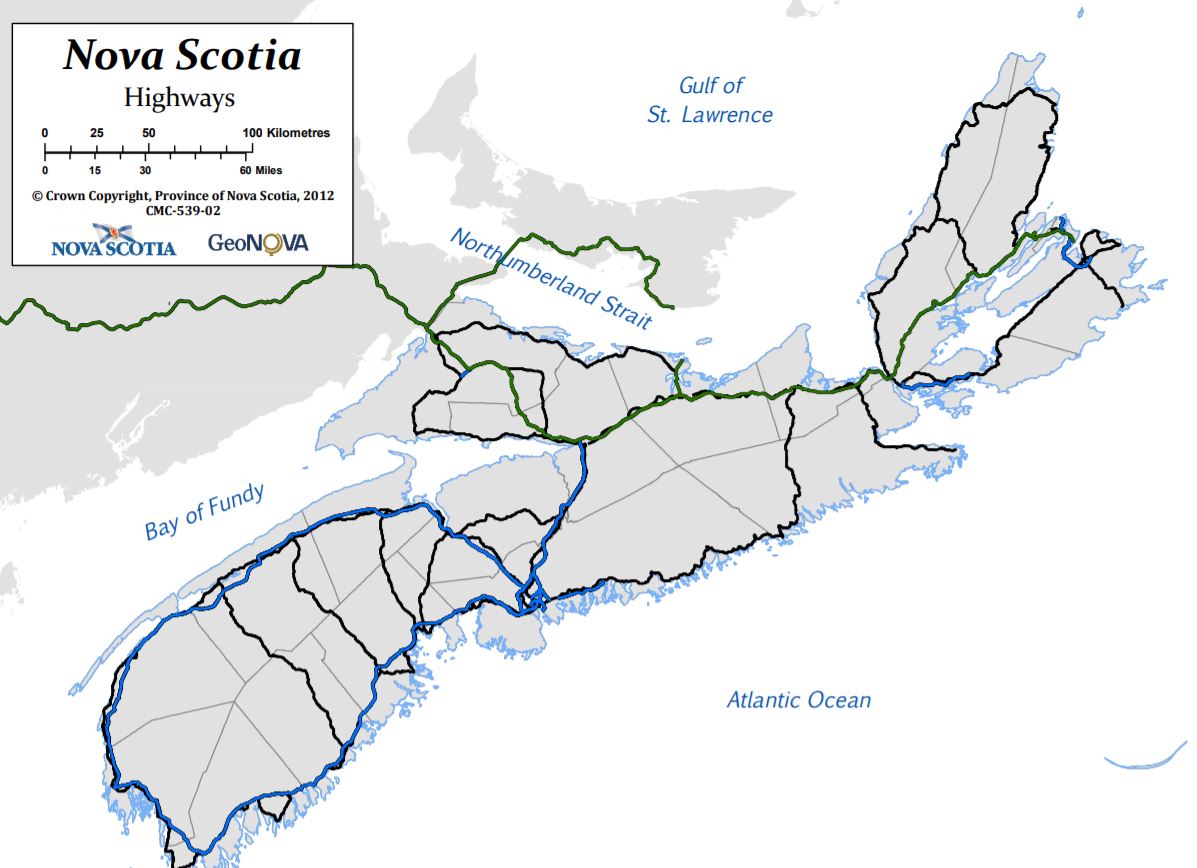 vlevo hore je již provincie New Brunswick a jediný soused po zemi<br />vpravo hore je provincie Princ Edward Island, kam se dá dostat trajektem<br /><br />Nova Scotia v sobě zahrnuje i ostrov a to vpravo: Cape Breton Island.