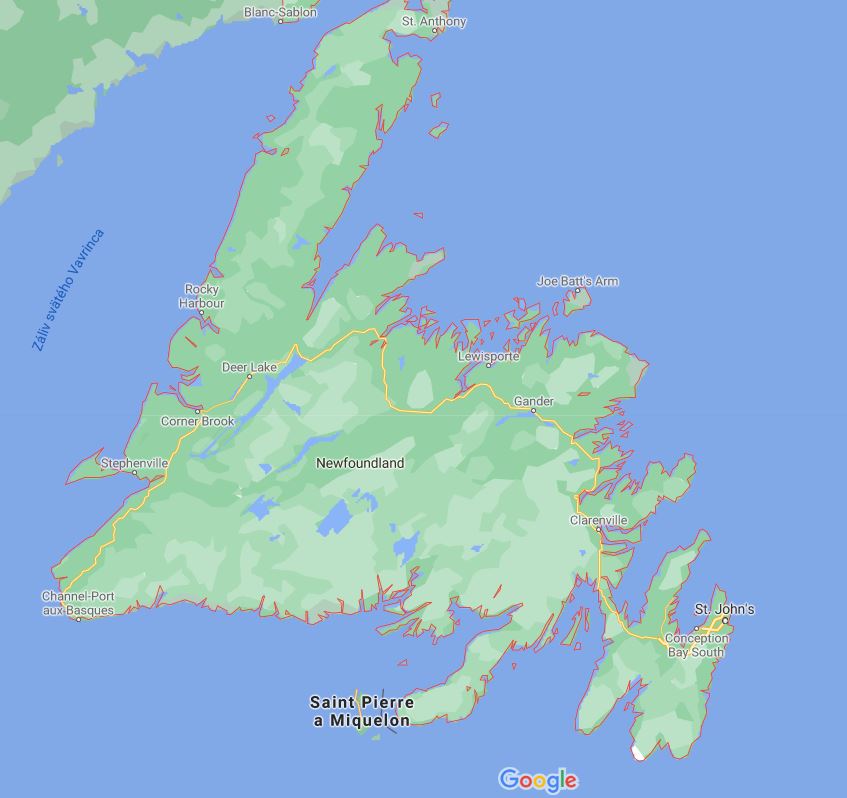 ostrovní část, kde na mapě je hlavní Route 1 (Trans-Canada Highway)