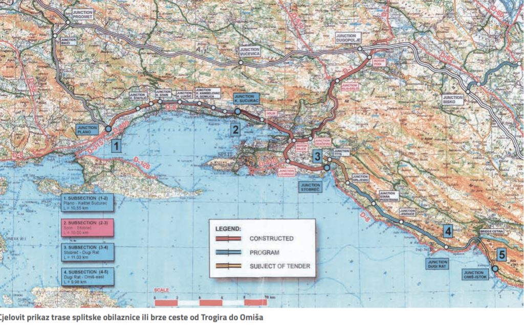 starší záměry rozvoje silniční sítě v regionu Splitu, které se realizují dodnes