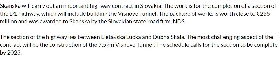 A key highway contract has been awarded in Slovakia