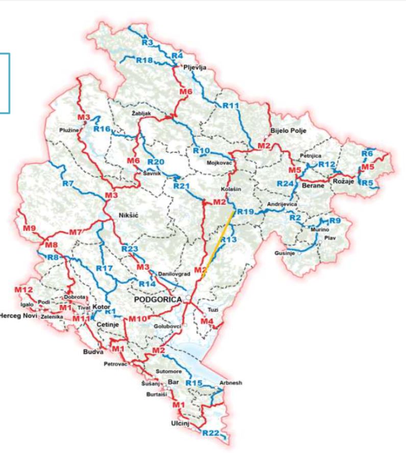 mapa silniční sítě<br /><br />žlutá - trasa první části dálnice Bar - Boljare<br />červená - státní silnice<br />modrá - regionální silnice