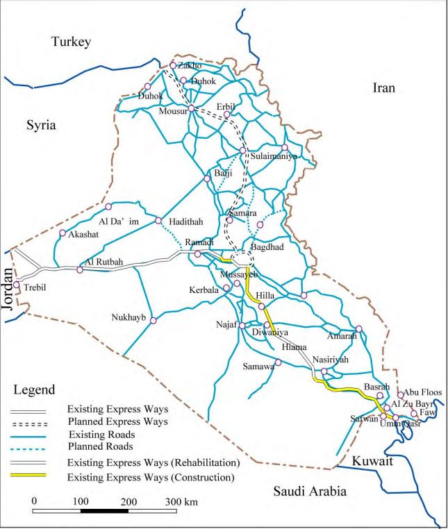 Dálniční síť. Po novém to nebude jen tah Kuvajt - Bagdád - Jordánsko/Sýrie, ale i Bagdád - Erbil - Mosul - Turecko. <br /><br />Barevné rozlišení je o masivní modernizaci. Přerušovaná linie neznačí, že tam není rychlostní tah, ale po novém bude dálniční. Respektivě to stejné hlavní linie modrých silnic.<br /><br />Žlutá barva neznamenala novou výstavbu, nýbrž masivní modernizaci po válce.