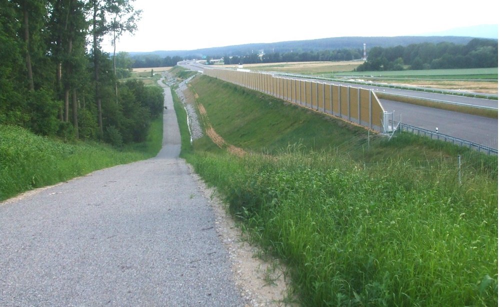 Polní cesta za předělem směrem k estakádě. Protihlukovka je z vnějšku osazena břečťanem, nebo něčím podobným popínavým.