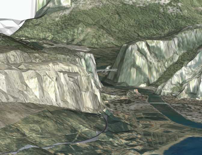 vizualizace celého terénu včetně mostu Cetina v pohoří, z obou stran bude tunel