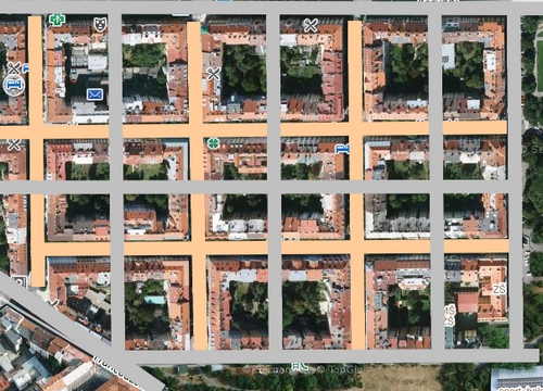 oranžová - pěší, cyklo, (prípadně MHD)<br />šedá - auta