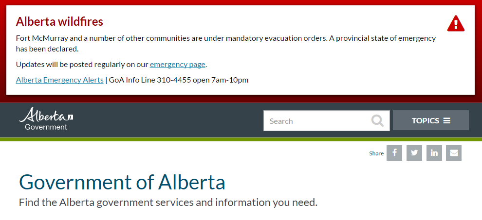 Provincie Alberta upozorňuje na celkový rozsah na svém území. V provincii je mj. velmi nepříznivá situace s kvalitou ovzduší.