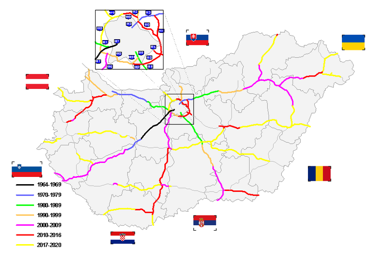 historický vývoj s výhledem výstavby dálniční sítě v letech 1960 - 2020