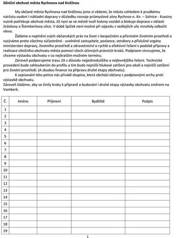 Petiční arch s požadavkem aby obchvat byl veden v původní variantě 2A kolem zahrádkářské kolonie.